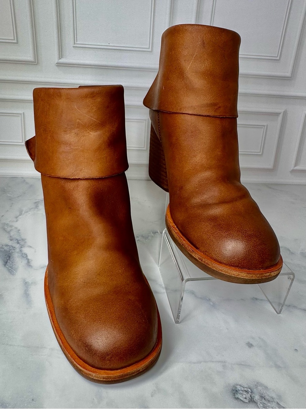 Kork-Ease Seri Leather Booties Brown Cognac Block Heel 9.5 Fall Favorite! - Picture 4 of 12